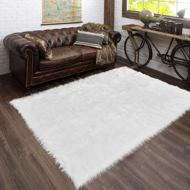 Photo 1 of Latepis White Fur Rug 5x6.7, Faux Fur Sheepskin Rug for Living Room, Fluffy Washable Rug for Bedroom, Playroom, Luxury Room Decor, White Fur Rug, Rectangle