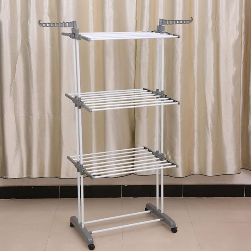 Photo 1 of Clothes Drying Rack,3-Tiers Foldable Laundry Rack, Collapsible Laundry Rack Stand with Wheels, Garment Drying Hanger with 360° Rotating Windproof Hook for Bed Linen Grey