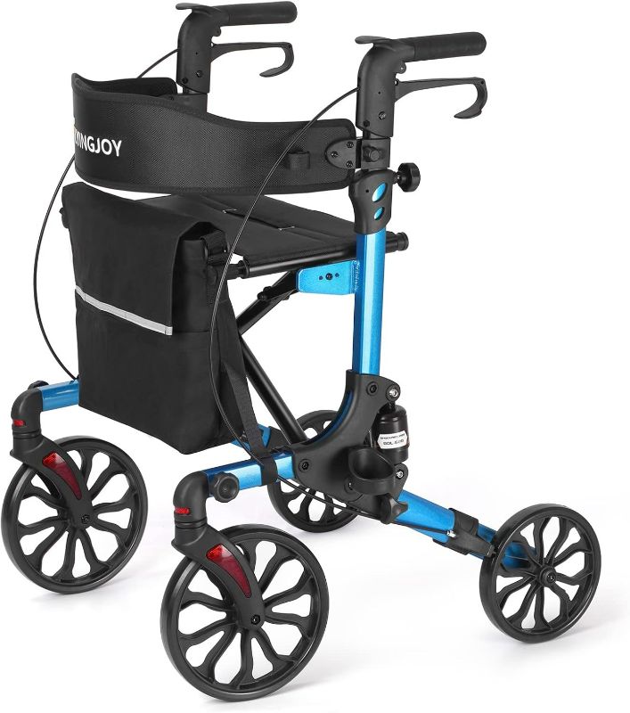 Photo 1 of Blue Rollator Walker with Seat 4 Wheels Rolling Walker for Seniors 10" Front Wheel Locking Brakes Height Adjustable Backrest and Armrest with Removable Bag Foldable Support Up 300LBS