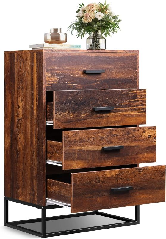 Photo 1 of WLIVE Wood Dresser for Bedroom with 4 Drawers, Chest of Drawers, Tall Dresser Drawers with Sturdy Metal Frame for Hallway, Living Room, Closet, Brown Oak