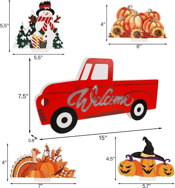 Photo 1 of Prsildan Christmas Door Decor Welcome Sign, Lighted Red Truck with Snowman, Interchangeable Seasonal Sign with Turkey Pumpkin, Christmas Decorations Hanging Sign for Wall Tabletop Door Home Decor