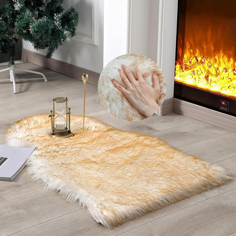 Photo 1 of Faux Fur Rug Sheepskin Shag Fluffy Fuzzy Small Rugs for Bedroom Bedside Bed Floor Living Room Plush High-Density Cushion Carpet Super Sofa Cover White and Yellow