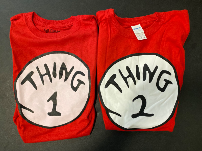 Photo 1 of 2 Pack Kids Large Thing 1,2 Shirts 100% Cotton Minor Discoloration In Logo