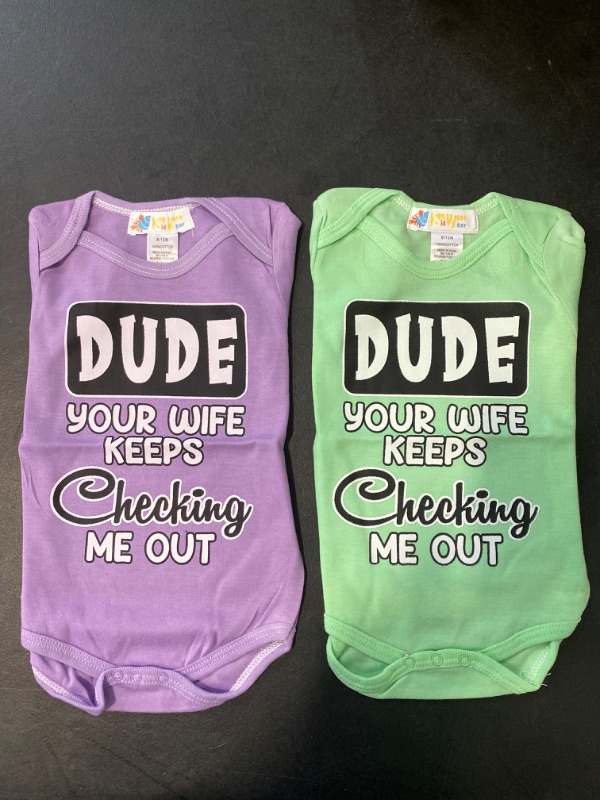 Photo 1 of 2 Pack Size 0-6 M Dude Your Wife Keeps checking Me Out Purple Green