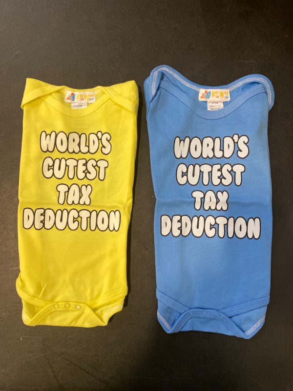 Photo 1 of 2 Pack Size 0-6 M Worlds Cutest Tax Deduction Blue Yellow Baby Onesie