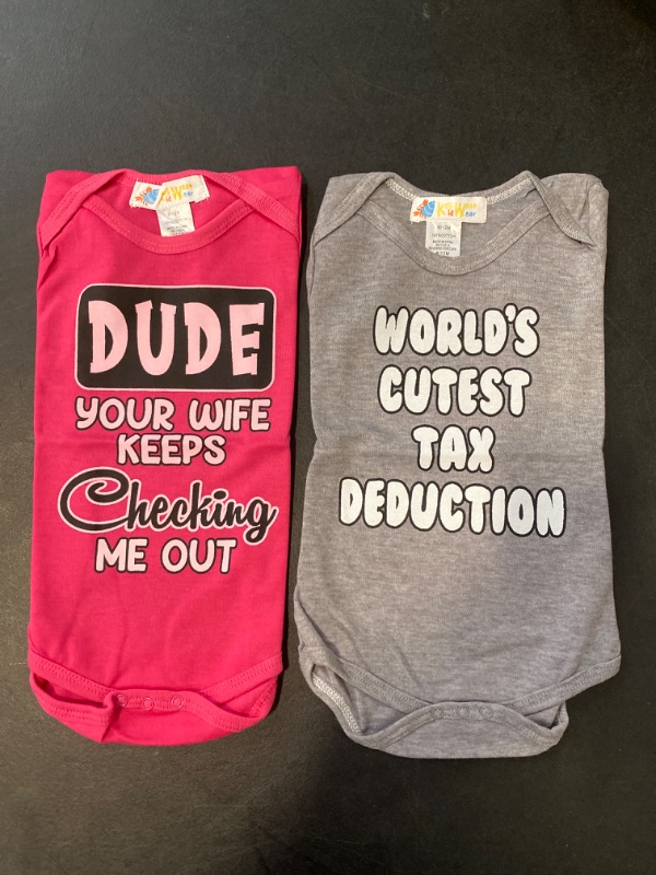 Photo 1 of 2 Pack Size 0-6 M Worlds Cutest Tax Deduction, Dude Your Wife Keeps Checking Me Out Pink Gray Baby Onesie  