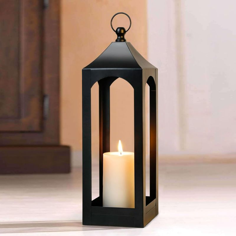 Photo 1 of Modern Farmhouse Lantern Decor, Black Metal Decorative Hanging Candle Lanterns Ideal for Home Decor, Parties & Events, 23" High (No Glass Panel)