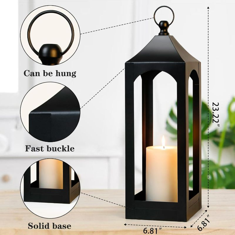 Photo 2 of Modern Farmhouse Lantern Decor, Black Metal Decorative Hanging Candle Lanterns Ideal for Home Decor, Parties & Events, 23" High (No Glass Panel)