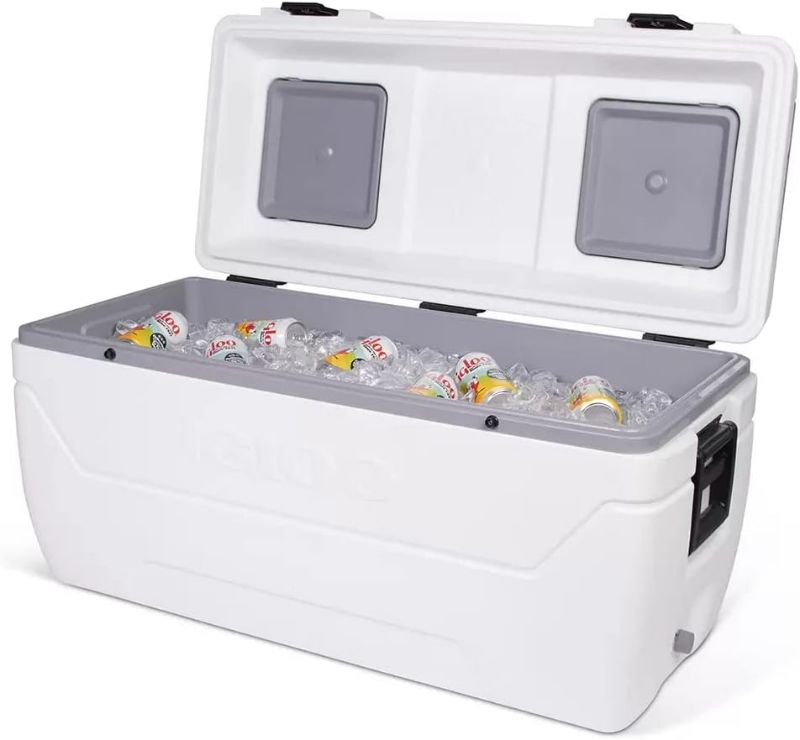 Photo 2 of Igloo MaxCold 165 Quart Marine Cooler, White, X-Large

Features:
MaxCold Performance Cooler, 280 Can Capacity
Butterfly Quick Access Hatch on Lid
Pressure Fit, PU Foamed, Fish Ruler on Lid
Party Bar Dividers (2) to Organize Food and Drinks
Oversized Engin