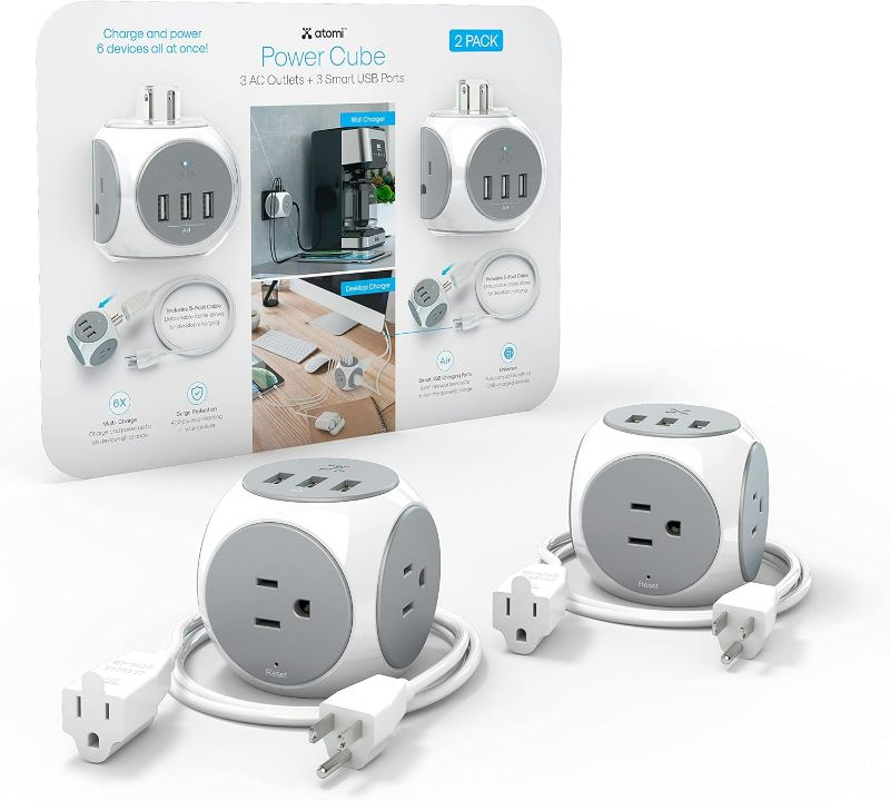 Photo 1 of Atomi Power Cube 2-Pack – 3AC Outlets + 3 Smart USB Ports + 5-ft. Cable