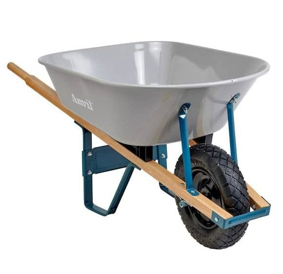 Photo 1 of 6 cu. ft. Steel Tub Wheelbarrow with Wooden Handles and Pneumatic Tire