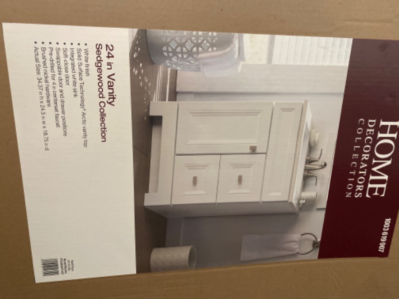 Photo 2 of Home Decorators Collection
Sedgewood 24.5 in. W x 18.75 in. D x 34.375 in. H Single Sink Bath Vanity in White with Arctic Solid Surface Top