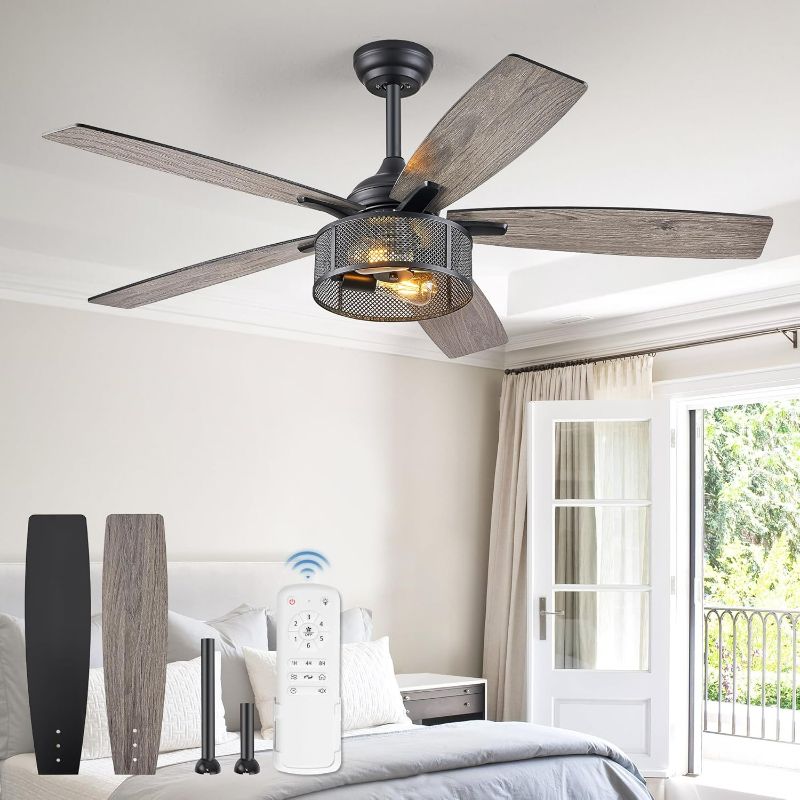 Photo 1 of Farmhouse Ceiling Fans with Lights and Remote, 52 Inch Black Industrial Caged Ceiling Fans for Bedroom Living Room Kitchen, 6 Speed Reversible Quiet DC Motor, Dual Finish 5 Blades