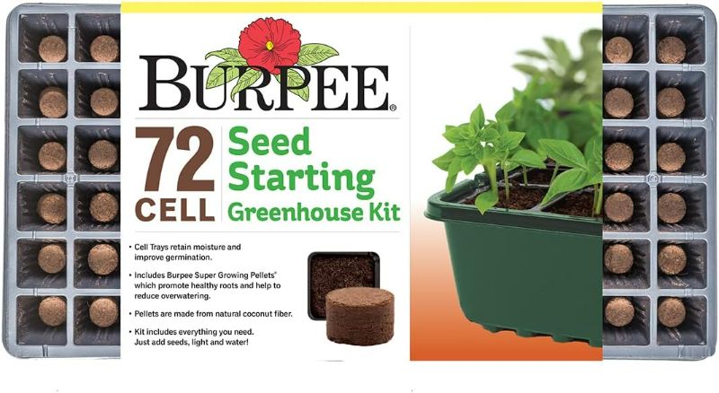 Photo 1 of Burpee Greenhouse Indoor Starting Herbs, Flowers and Vegetables | Includes Dome, Watering, Seed Starter Tray, Coir Pellets | 10" W x 20" L x 5" H, One Size, 1 Kit (72 Cells)