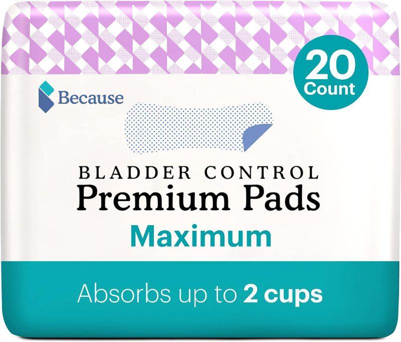 Photo 1 of Because Incontinence Pads for Women - Maximum Absorbency, Postpartum Pads, Up to 100% Leak-Free Protection, Discreet Protection for Bladder Leaks, 6 Packs Of 20 