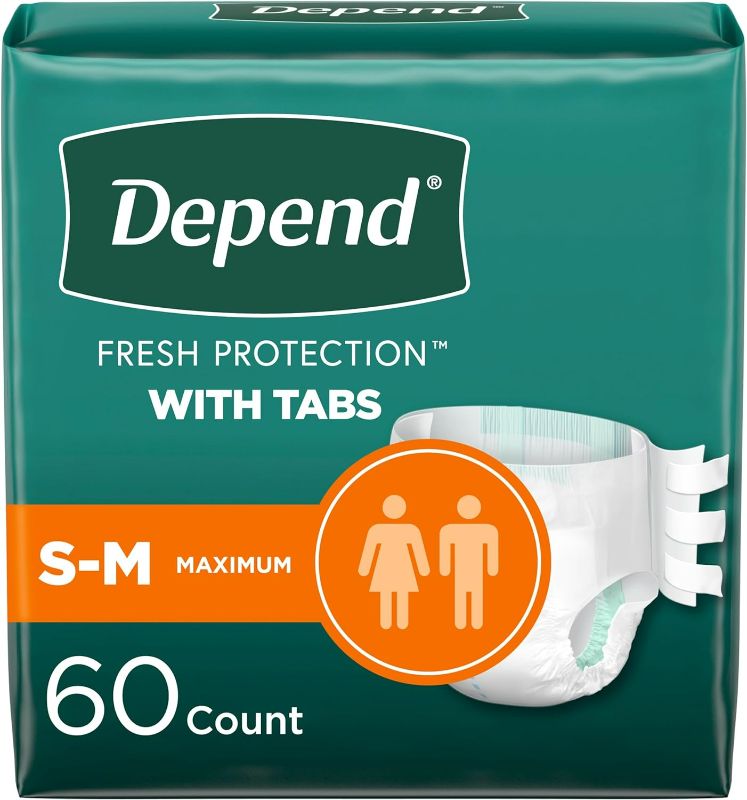 Photo 1 of Depend Incontinence Protection with Tabs, Unisex, Small/Medium (19–34" Waist, Up To 170 lbs), Maximum Absorbency, 60 Count (3 Packs of 20)