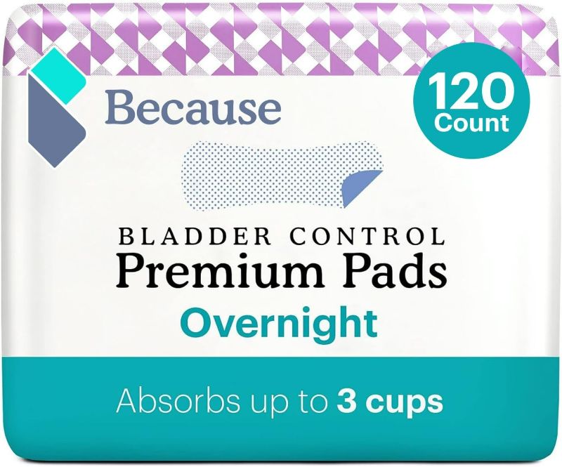 Photo 1 of Because Incontinence Pads for Women - Extra Heavy Absorbency, Overnight Postpartum Incontinence Pads, Overnight Leak-Free Protection, 6 Packs of 20 Pads (120 Total)