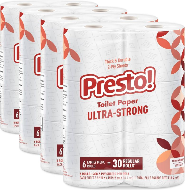 Photo 1 of Amazon Brand - Presto! 2-Ply Ultra-Strong Toilet Paper, 24 Mega Rolls = 120 Regular Rolls, 6 Count (Pack of 4), Unscented, (Packaging May Vary)