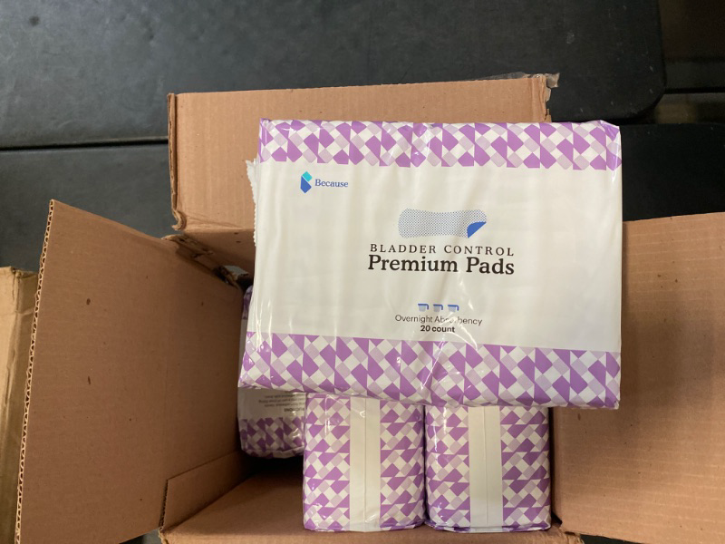 Photo 1 of Because Incontinence Pads for Women - Extra Heavy Absorbency, Overnight Postpartum Incontinence Pads, Overnight Leak-Free Protection, 6 Packs of 20 Pads (120 Total)