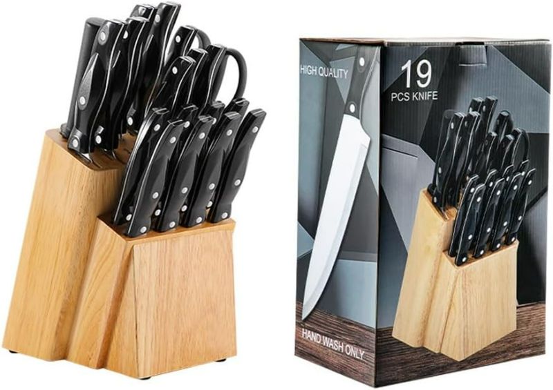 Photo 1 of 19PCS Carote Knife Set with Hardwood Storage Block, Kitchen Knife Set, Stainless Steel Knife Set, Sharp Blade Ergonomic Handle (Size : Wood)