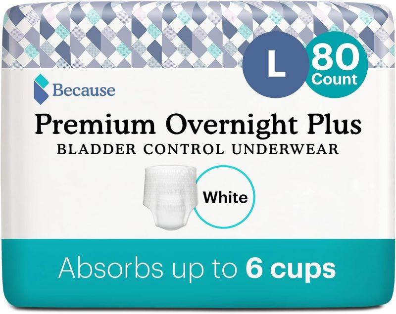 Photo 1 of Because Overnight Absorbency Pull Ups - Adult Disposable Incontinence Underwear, Extra Absorbent Nighttime Pull Ups for Men and Women, White, Large, 80 Count (4 Packs of 20)