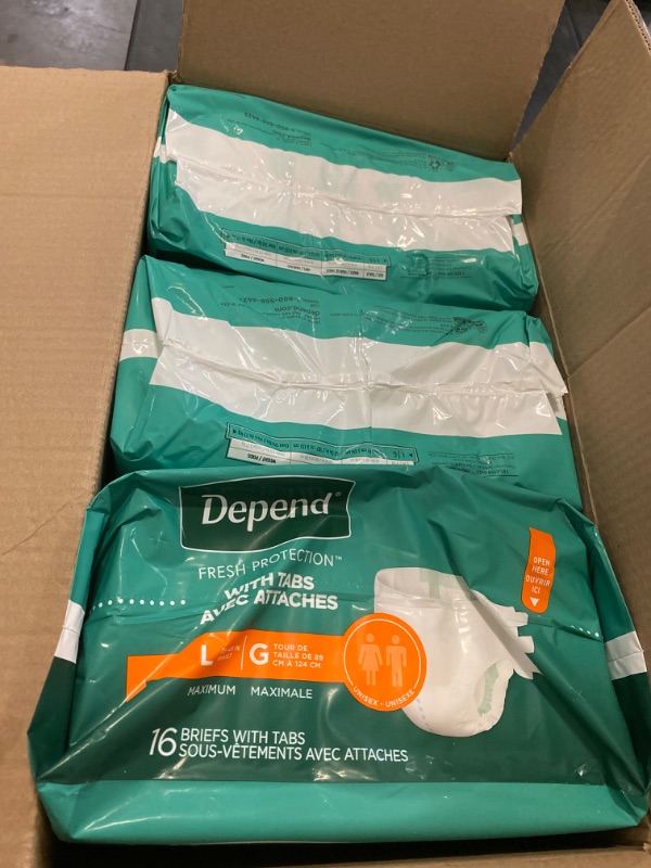 Photo 3 of Large Depend Incontinence Protection with Tabs, Unisex,  (35–49" Waist, over 170 lbs), Maximum Absorbency, 48 Count (3 Packs of 16)
