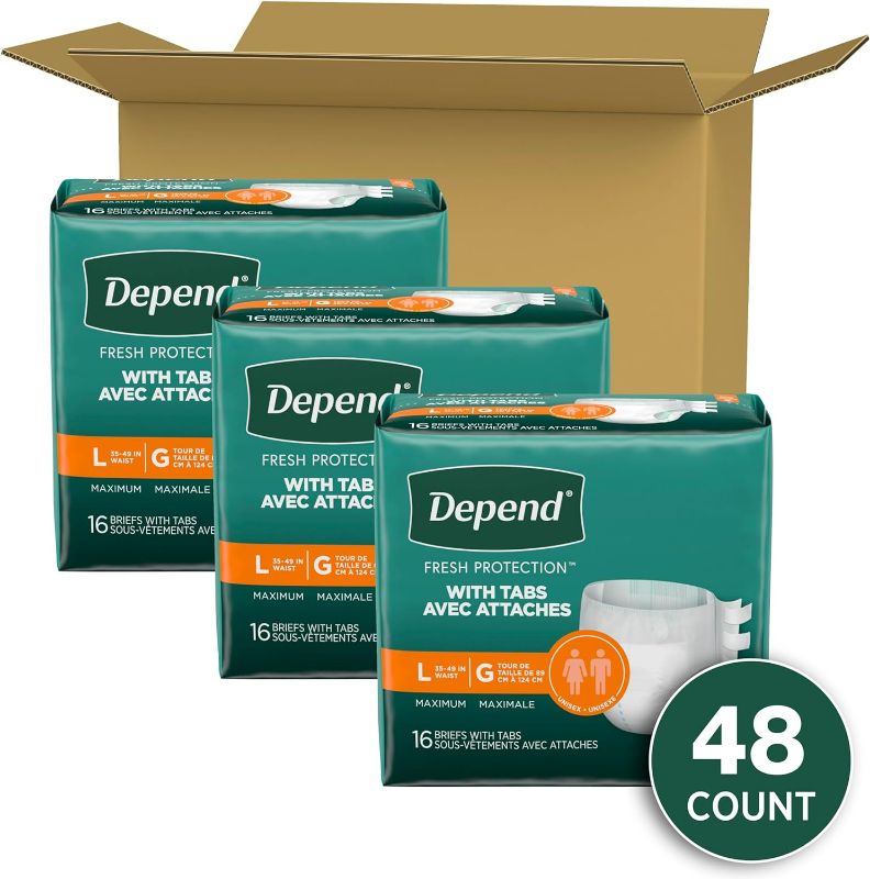 Photo 1 of Large Depend Incontinence Protection with Tabs, Unisex,  (35–49" Waist, over 170 lbs), Maximum Absorbency, 48 Count (3 Packs of 16)
