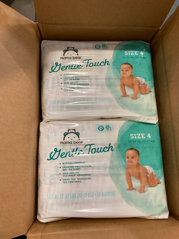 Photo 2 of Amazon Brand - Mama Bear Gentle Touch Diapers, Hypoallergenic, Size 4, 148 Count, 4 Packs of 37, White
