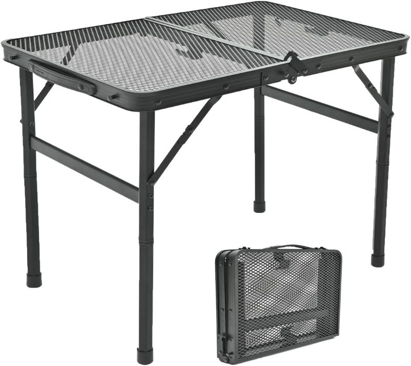 Photo 1 of 
Camping Table, 2 ft Folding Grill Table with Mesh Desktop, Anti-Slip Feet, Height Adjustable, Lightweight & Portable Aluminum Outdoor Table for Camping, Picnic, RV, BBQ