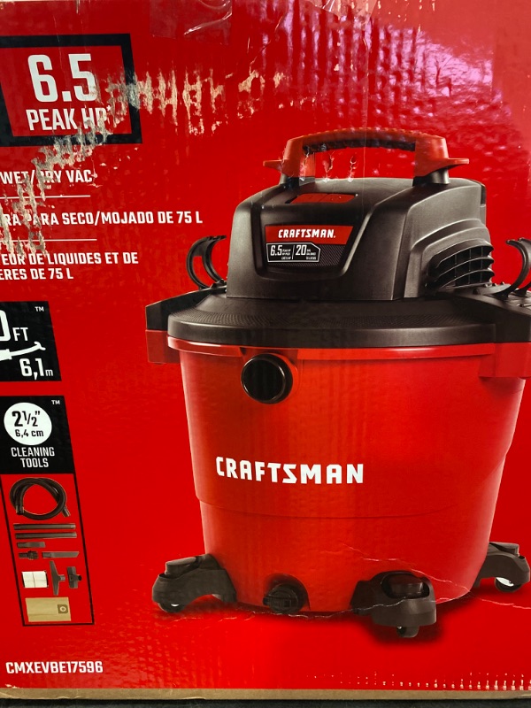 Photo 3 of CRAFTSMAN CMXEVBE17596 20 Gallon 6.5 Peak HP Wet/Dry Vac, Heavy-Duty Shop Vacuum with Attachments