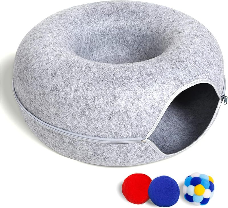 Photo 1 of Cat Tunnel Bed for Indoor Cats with 3 Toys, Scratch Resistant Donut Cat Bed, Up to 9 Lbs (M 20x20x9, Light Grey)