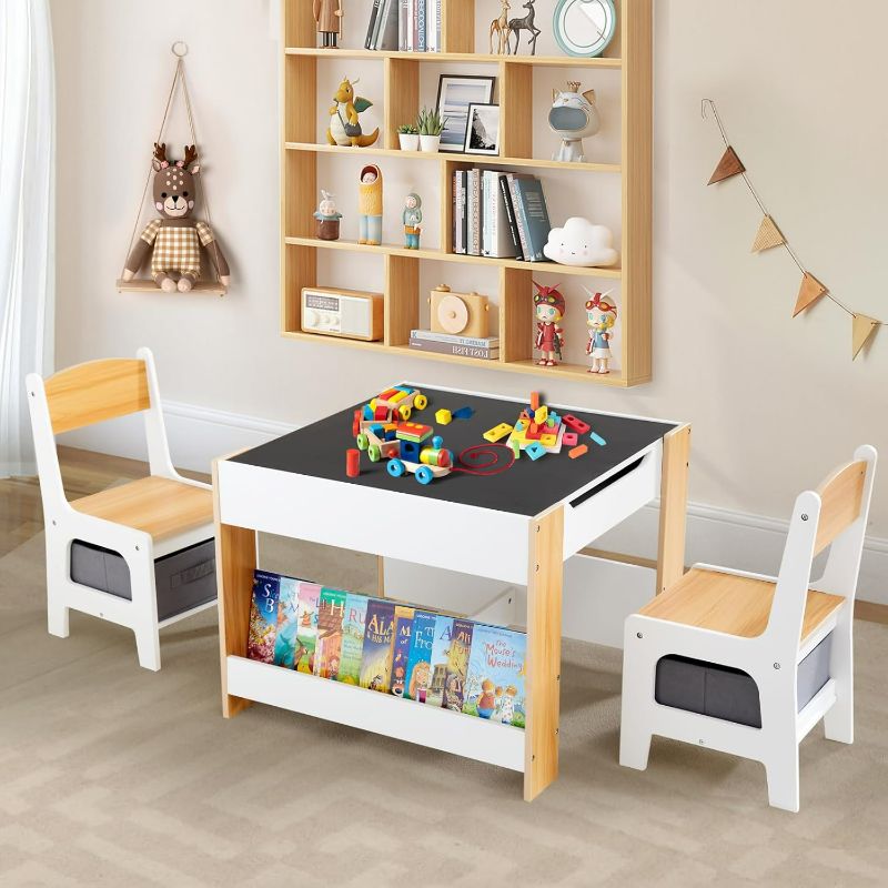 Photo 1 of Kids Table and Chair Set,4 in 1 Toddler Desk with Storage Drawer,Wooden Activity Table for 2 in 1 Detachable Tabletop,Bookshelve,Suitable for Classroom,Home, Nursery, Playroom (Natural White)