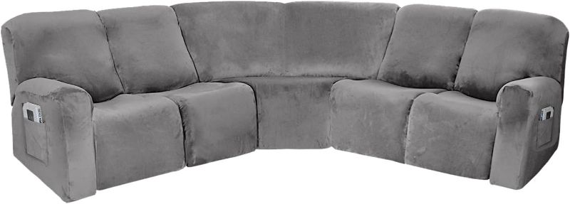 Photo 1 of Corner Sofa Cover, Velvet Stretch Sectional Cover, Recliner Corner Sofa Protector, Corner Sofa Slipcovers Reversible Couch Cover for Recliner, Sectional Sofa Set for Livingroom(5 Seats,Grey)