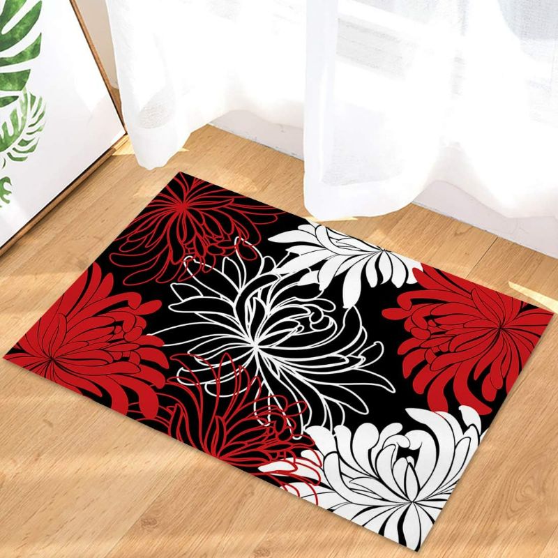 Photo 1 of Indoor Outdoor Mats, Abstract Floral Red Black and White Dahlia Door Mat, Non-Slip Absorbent Resist Dirt Entrance Mat Washable Welcome Mats for Entryway, Low-Profile Floor Mats