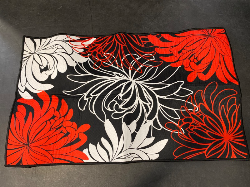 Photo 2 of Indoor Outdoor Mats, Abstract Floral Red Black and White Dahlia Door Mat, Non-Slip Absorbent Resist Dirt Entrance Mat Washable Welcome Mats for Entryway, Low-Profile Floor Mats