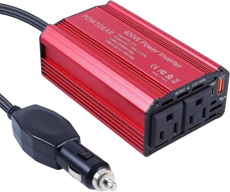 Photo 1 of 400W Car Power Inverter, DC 12V to 110V AC Converter with 2 Charger Outlets and PD 65W USB Port and QC3.0 Type-c Port Cigarette Lighter Socket Adapter