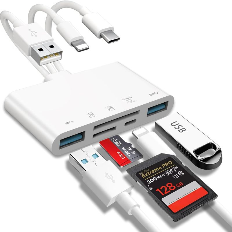 Photo 1 of 5-in-1 Memory Card Reader, USB OTG Adapter & SD Card Reader for i-Phone/i-Pad, USB C and USB A Devices with Micro SD & SD Card Slots, Supports SD/Micro SD/SDHC/SDXC/MMC