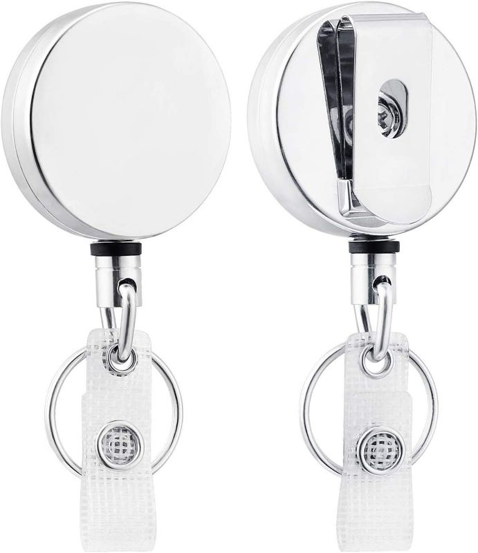 Photo 1 of 2 Pack Heavy Duty Retractable Badge Holder Reel, Will Well Metal ID Badge Holder with Belt Clip Key Ring for Name Card Keychain [All Metal Casing, 27.5" UHMWPE Fiber Cord, Reinforced ID Strap]