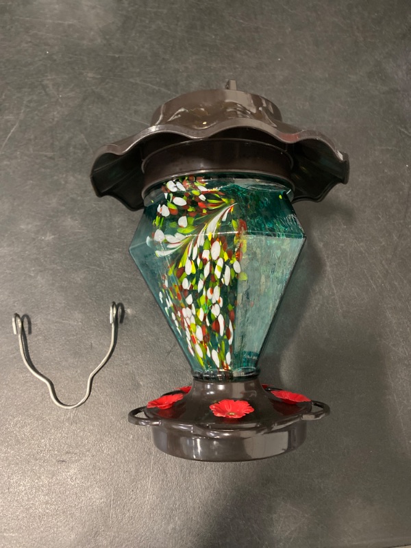 Photo 2 of LUJII Solar Powered Color Changing Hummingbird Feeder for Outdoors Hanging, Hand Blown Glass Reservoir, 32 fl.oz, Never Leak, Illuminated Lantern for Garden Decor, for Bird Lover (Teal)