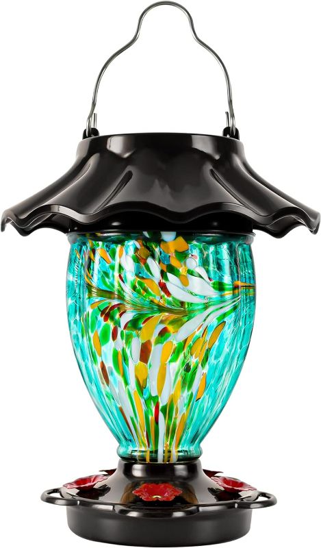 Photo 1 of LUJII Solar Powered Color Changing Hummingbird Feeder for Outdoors Hanging, Hand Blown Glass Reservoir, 32 fl.oz, Never Leak, Illuminated Lantern for Garden Decor, for Bird Lover (Teal)