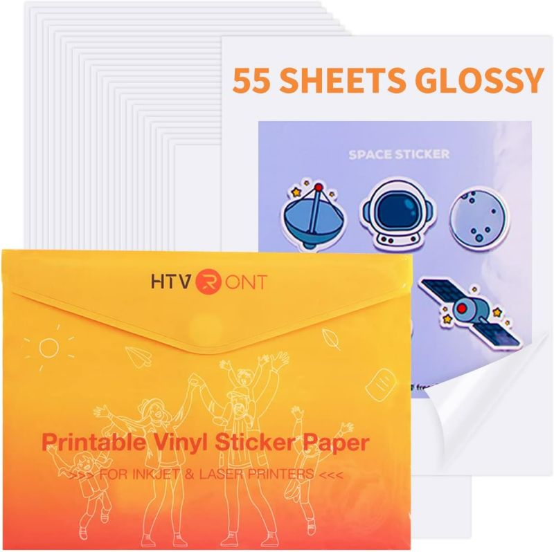 Photo 1 of HTVRONT Printable Vinyl Sticker Paper - 55 Sheets Glossy Sticker Paper for Inkjet Printer & Laser Printer, 100 g Waterproof Sticker Paper Dries Quickly & Tear Resistant 8.5"x11"