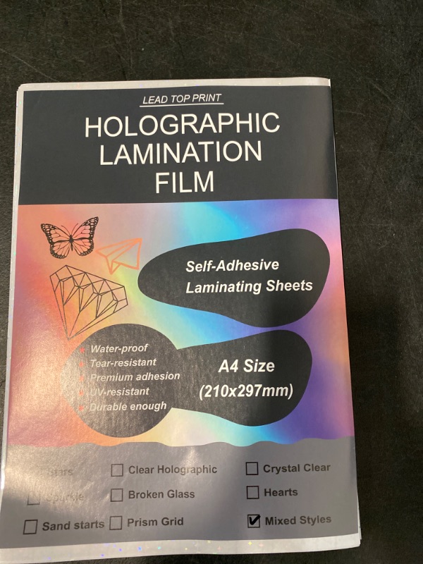 Photo 2 of 36 Sheets Holographic Sticker Paper, Transparent Holographic Vinyl Laminate Film, Clear Overlay Lamination Sticker Paper Self Adhesive Waterproof - Gem, Dot, Colorful, Star Patterns/8.5x11 inch