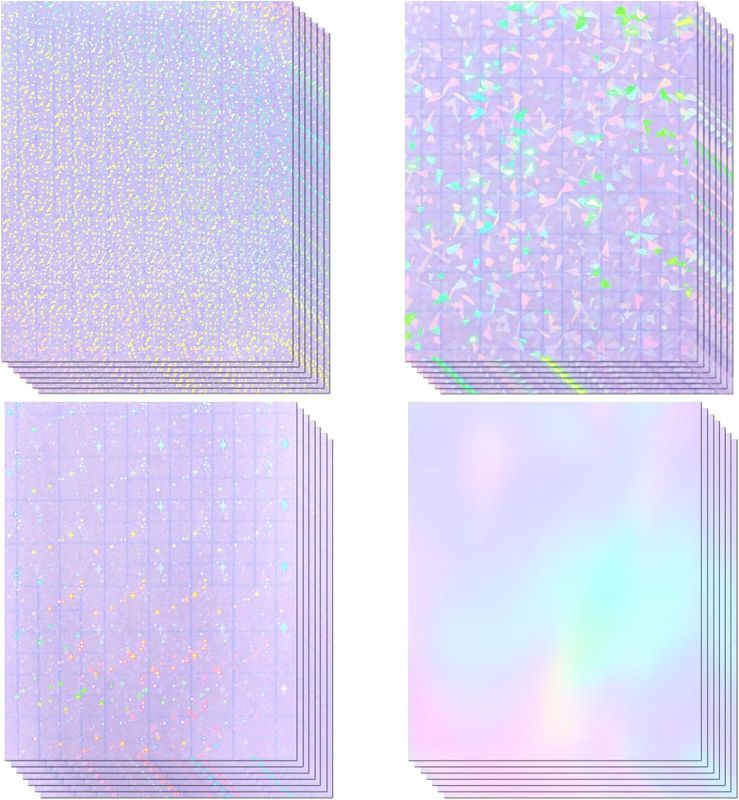 Photo 1 of 36 Sheets Holographic Sticker Paper, Transparent Holographic Vinyl Laminate Film, Clear Overlay Lamination Sticker Paper Self Adhesive Waterproof - Gem, Dot, Colorful, Star Patterns/8.5x11 inch