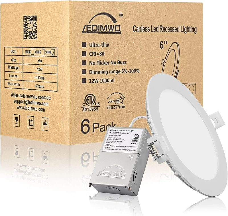 Photo 1 of 6 inch 12W 5000K 1100lm No-Flicker No-Buzz Dimmable Recessed Lighting, 6" LED Recessed Light, Led Ceiling Light, Led Can Lights with Junction Box, 6 Pack ETL & Energy Star