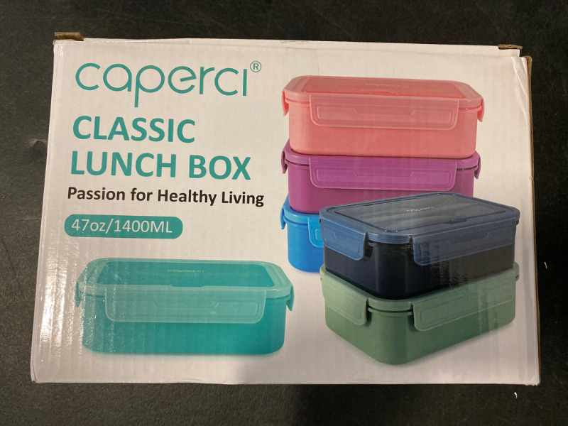 Photo 3 of Caperci Bento Box for Kids - Stackable Leakproof Multiple Compartments 5.8 Cups Bento Lunch Box for Adults with Sauce Container - Idea for School, On-the-go, Built-in Utensil Set, BPA Free (green)