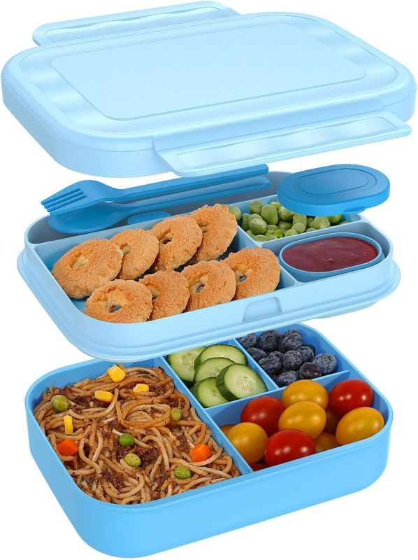 Photo 1 of Caperci Bento Box for Kids - Stackable Leakproof Multiple Compartments 5.8 Cups Bento Lunch Box for Adults with Sauce Container - Idea for School, On-the-go, Built-in Utensil Set, BPA Free (green)