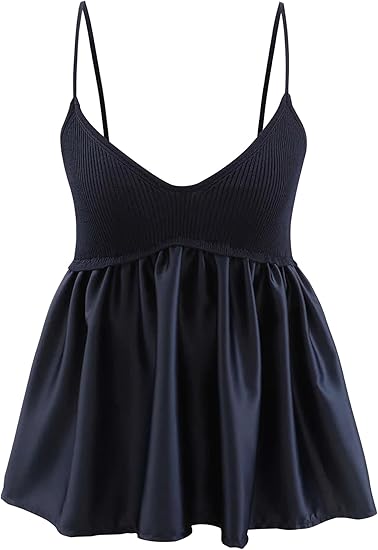 Photo 1 of (M) MISSACTIVER Women's Cute Peplum Hem Patchwork Cami Tank Top V Neck Spaghetti Strap Camisole Sleeveless Ruffle Babydoll Shirts . color (navy) size (medium)