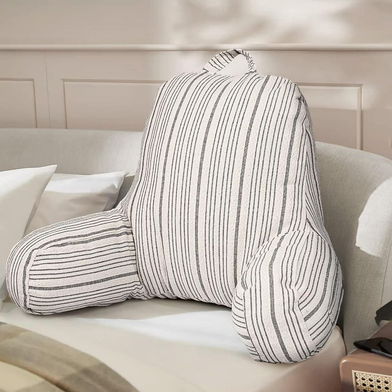 Photo 1 of AELS Large Reading Pillow Replacement Cover with Arms and Pockets, 18" Beige with Gray Stripes Textured Linen Backrest Pillow Cover Fits Standard Size Pillows (Cover ONLY)