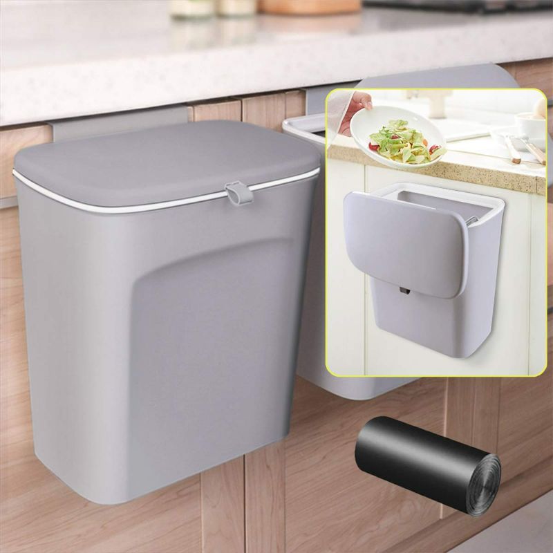 Photo 1 of AYADA Hanging Trash/Garbage Can with Lid for Kitchen Cabinet Door in Cabinet Hanging Door Mounted Under Sink Door Trash Bin RV Bathroom (Grey)