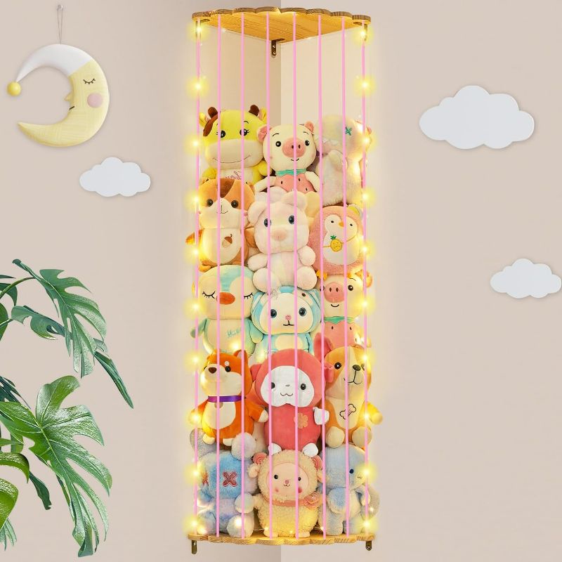 Photo 1 of Basumee Stuffed Animals Storage with LED Light Corner Toy Storage Organizer Wood Stuffed Animals Hammock Length Adjustable Stuffed Animals Holder for Nursery Kids Playroom Bedroom, Pink